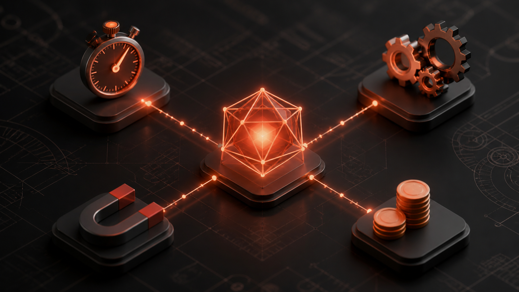 Connected nodes representing AI capabilities for small and medium businesses — speed, automation, customer attraction, and revenue